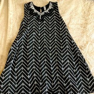 Sparkly Jeweled Black and White Zig-Zag Striped Knee-Length Dress